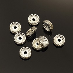 Brass Rhinestone Spacer Beads, Grade A, Rondelle, Silver Color Plated, Size: about 10mm in diameter, 4mm thick, hole: 2mm(RB-A003-10MM-S)