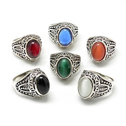Glass Wide Band Rings, with Alloy Ring Findings, Oval, Antique Silver, Size 7~11, Mixed Color, 17~21mm(RJEW-S039-03G)
