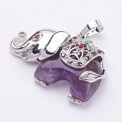 Natural Amethyst Pendants, with Rhinestone and Brass Findings, Elephant, Platinum, 25.5x36.5x10mm, Hole: 5x8mm(G-P268-06)