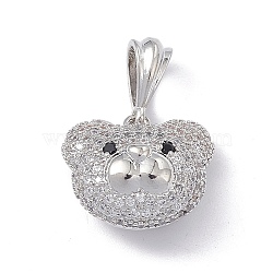 Brass Micro Pave Cubic Zirconia Pendants, Bear Head Charm, Platinum, Clear, 16.5x18.5x11mm, Hole: 6.5x3mm(KK-P224-09P-01)