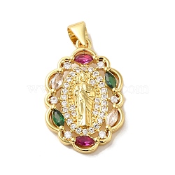 Rack Plating Brass Micro Pave Colorful Cubic Zirconia Pendants, Long-Lasting Plated, Cadmium Free & Lead Free, Flower with Virgin Mary Pattern Charms, Real 18K Gold Plated, 23x15x2.8mm, Hole: 3.5x4mm(KK-G488-10G)