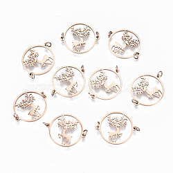 304 Stainless Steel Links Connectors, Laser Cut, Flat Round with Christmas Reindeer/Stag, Rose Gold, 14x17x1mm, Jump Ring: 3x0.4mm, 2.2mm inner diameter(X-STAS-S116-109RG)