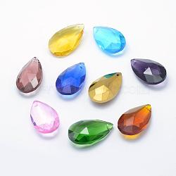 Glass Pendants, Faceted, teardrop, Mixed Color, 37.5x22x12mm, Hole: 1mm(GLAA-E398-A)