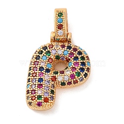 Brass Micro Pave Cubic Zirconia Pendants, Real 18K Gold Plated, Colorful, Letter P, 18.5~24x12.5~25.5x5~5.5mm, Hole: 5x3mm(KK-C076-29P-G02)