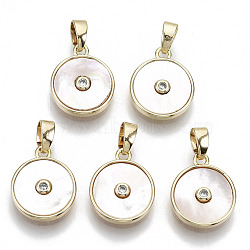 Brass Micro Pave Clear Cubic Zirconia Charms, with Freshwater Shell and Snap On Bails, Nickel Free, Real 18k Gold Plated, Flat Round, Clear, 14x11.5x2.5mm, Hole: 2x4mm(X-KK-R112-014-NF)