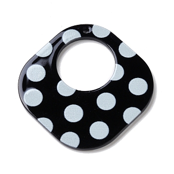 Printed  Acrylic Pendants, Rhombus with Polka Dot Pattern, Black, 39x39x2mm, Hole: 1.6mm