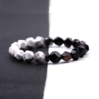 Black Onyx Stretch Bracelets, with Natural Howlite Beads, Star Cut Round Bracelets , 7-1/2~7-5/8 inch(19~19.5cm), Faceted Beads: 10mm