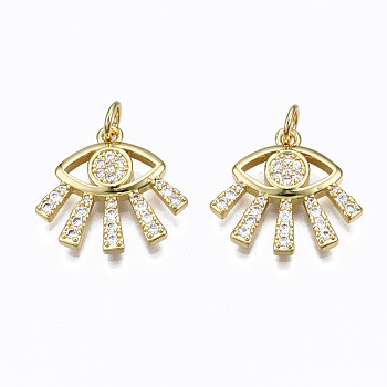 Brass Micro Pave Clear Cubic Zirconia Pendants, with Jump Rings, Nickel Free, Eye, Real 16K Gold Plated, 17x18.5x2.5mm, Hole: 3mm
