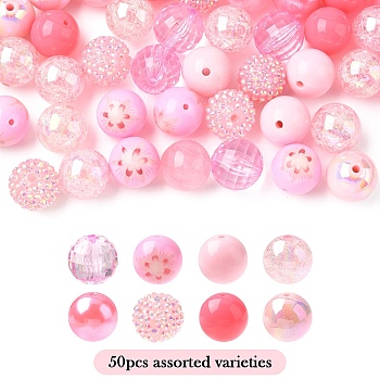 50Pcs 10 Styles Acrylic & Resin Round Beads Sets, Pink, 20mm, Hole: 2~3mm