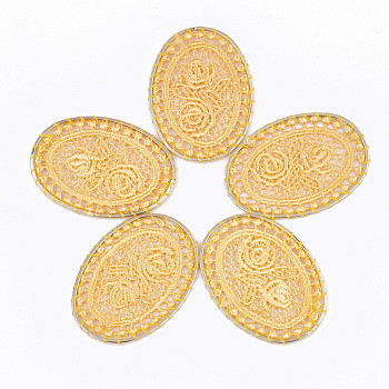 Polycotton(Polyester Cotton) Big Woven Pendant Decorations, with Iron Findings, Oval with Flower, Light Gold, Gold, 55.5~56.5x39~40x1.5mm