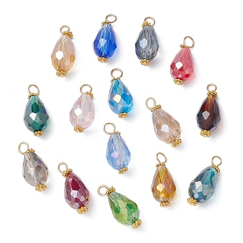 15Pcs 15 Color Electroplate Glass Pendants, with Alloy Spacer Beaded and 304 Stainless Steel Loops, Teardrop Charms, Mixed Color, 22x9.5mm, Hole: 3.2mm, 1Pc/color