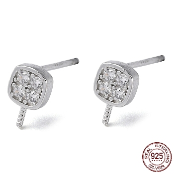 Rhodium Plated 925 Sterling Silver Stud Earring Findings, with Clear Cubic Zirconia, Square, for Half Drilled Beads, with S925 Stamp, Real Platinum Plated, 5x5mm, Pin: 11x1mm and 0.9mm