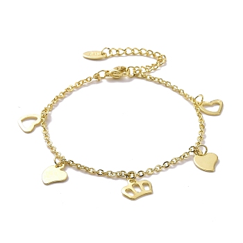 201 Stainless Steel Heart & Crown Charms Bracelet with 304 Stainless Steel Chains for Women, Golden, 6-3/4 inch(17.3cm)
