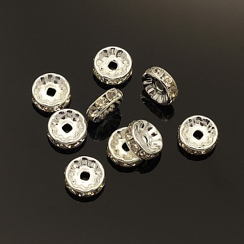 Brass Rhinestone Spacer Beads, Grade A, Rondelle, Silver Color Plated, Size: about 10mm in diameter, 4mm thick, hole: 2mm