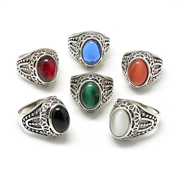 Glass Wide Band Rings, with Alloy Ring Findings, Oval, Antique Silver, Size 7~11, Mixed Color, 17~21mm