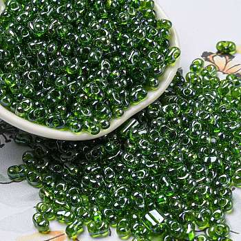 Glass Seed Beads, Transparent Colours Luster, Peanut Shape, Olive Drab, 6x3x3mm, Hole: 1.2mm, about 6250pcs/pound