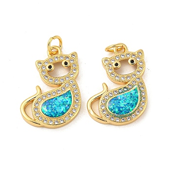 Brass Micro Pave Cubic Zirconia with Synthetic Opal Pendants, with Jump Ring, Cat, Real 18K Gold Plated, 21x17x3mm