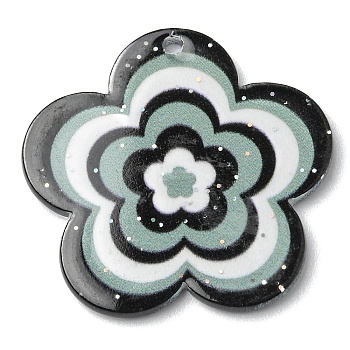 Acrylic Pendants with Glitter Powder, Flower, Aqua, 30.5x31.5x1.8mm, Hole: 1.8mm