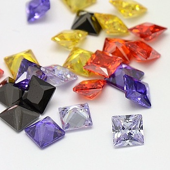 Mixed Grade A Square Shaped Cubic Zirconia Pointed Back Cabochons, Faceted, 7x7x4mm