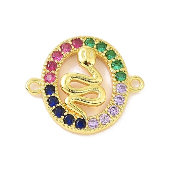 Real 18K Gold Plated Brass Micro Pave Cubic Zirconia Connector Charms, Oval with Snake Links, Colorful, 13.5x16x2mm, Hole: 1.1mm