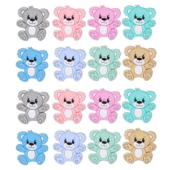 16Pcs 8 Colors Cartoon Bear Silicone Beads, Chewing Beads For Teethers, DIY Nursing Necklaces Making, Mixed Color, 29.5x24.2x8mm, Hole: 2mm