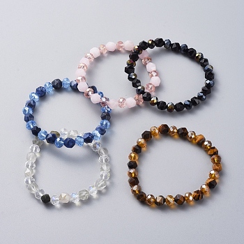 Natural Mixed Gemstone Stretch Bracelets, with Electroplate Glass Beads, 2-3/8 inch(61mm)