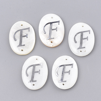 Freshwater Shell Links connectors, with Brass Findings, Oval with Letter, Letter.F, 25.5x19x3mm, Hole: 1.2mm