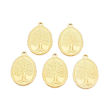 Ion Plating(IP) 201 Stainless Steel Pendants, Oval with Tree of Life, Nickel Free, Real 18K Gold Plated, 30x20.5x1.5mm, Hole: 1.8mm