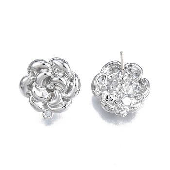 Alloy Stud Earring Findings, with Vertical Loops and 304 Stainless Steel Pins, Flower, Cadmium Free & Nickel Free & Lead Free, Platinum, 17x13mm, Hole: 2mm, Pin: 0.7mm