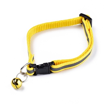 Adjustable Polyester Reflective Dog/Cat Collar, Pet Supplies, with Iron Bell and Polypropylene(PP) Buckle, Yellow, 21.5~35x1cm, Fit For 19~32cm Neck Circumference