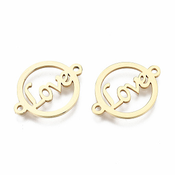 201 Stainless Steel Links Connectors, Laser Cut, for Valentine's Day, Flat Round with Word Love, Golden, 16x21x1mm, Hole: 1.2mm