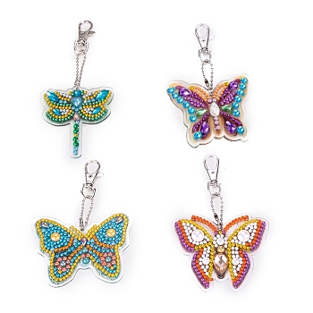 Acrylic Diamond Butterfly & Dragonfly Pendant Keychain Kits, with Iron Findings, including Point Drill Plate, Point Drill Mud, Point Drill Pen, Ball Chain, Swivel Clasp, Mixed Color, 7~8cm