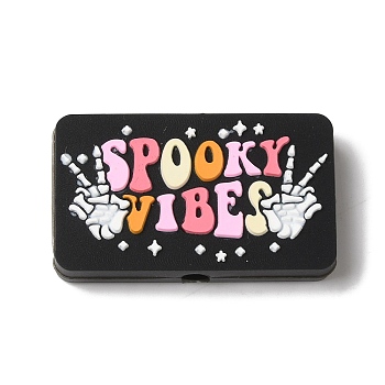 Halloween Themed Black Bead with Colorful Text 'Spooky Vibes' with Hand Skull Silicone Focal Beads, Silicone Teething Beads, Colorful, 18x30x7mm, Hole: 3mm