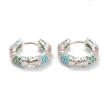 Brass Micro Pave Cubic Zirconia Huggie Hoop Earrings, Bamboo Stick, Colorful, Real Platinum Plated, 15x17x4.5mm, Pin: 1mm