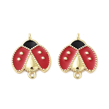 Rack Plating Brass Enamel Ladybug Connector Charms, Cadmium Free & Lead Free, Long-Lasting Plated, Red, Real 18K Gold Plated, 16x13x2mm, Hole: 1.2mm and 1mm