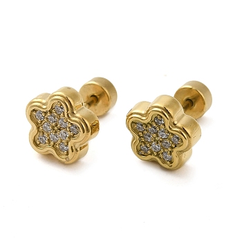 304 Stainless Steel with Rhinestone Stud Earrings, Flower, Real 14K Gold Plated, 8mm
