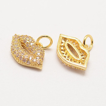 Brass Micro Pave Grade AAA Cubic Zirconia Charms, Long-Lasting Plated, Lip, Cadmium Free & Nickel Free & Lead Free, Clear, Real 18K Gold Plated, 10x15x3mm, Hole: 3mm