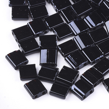 2-Hole Opaque Glass Seed Beads, Rectangle, Black, 5x4.5~5.5x2~2.5mm, Hole: 0.5~0.8mm
