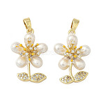 Brass Micro Pave Cubic Zirconia Pendants, Cadmium Free & Lead Free, Flower, with ABS Plastic Pearl and Enamel, Real 18K Gold Plated, Snow, 22.5x15.5x6.5mm, Hole: 2.5x4mm(KK-H076-06G-02)
