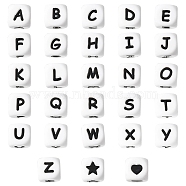 30Pcs 28 Style Food Grade Eco-Friendly Silicone Beads, Chewing Beads For Teethers, DIY Nursing Necklaces Making, White Cube with Black Letter & Heart & Star, Letter A~Z, 12x12x12mm, Hole: 2~3mm, 28 style/box(SIL-YW0001-07)
