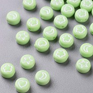 Opaque Acrylic Beads, Flat Round with White Heart & Flower & Moon & Star, Lawn Green, 7x4mm, Hole: 1.6mm(MACR-N008-40G)