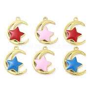 Brass Enamel Pendants, Real 18K Gold Plated, Moon with Star Charm, Mixed Color, 23x16.5x3mm, Hole: 1.8mm(KK-F871-08G)