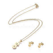 304 Stainless Steel Jewelry Sets, Cable Chains Pendant Necklaces and Stud Earrings, with Lobster Claw Clasps and Ear Nuts, Dollar Mark, Golden, 17.6 inch(44.7cm), 11x6mm, Pin: 0.8mm(STAS-K193-06G)