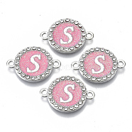 Alloy Enamel Links Connectors, with Crystal Rhinestones, Flat Round with Letter, Silver Color Plated, Letter.S, 22x16x2mm, Hole: 1.8mm(ENAM-TAC0003-01S-03S)
