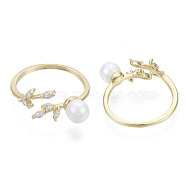 Brass Micro Pave Clear Cubic Zirconia Cuff Rings, Open Rings, with ABS Plastic Imitation Pearl, Nickel Free, Leaf, Real 18K Gold Plated, US Size 6(16.5mm)(X-KK-S348-572-NF)