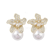 Brass with Resin Imitation Pearl Stud Earrings, with Micro Pave Cubic Zirconia Flower, Golden, 36.5x17.5mm(EJEW-B046-04G)
