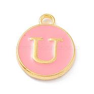 Golden Plated Alloy Enamel Charms, Enamelled Sequins, Flat Round with Alphabet, Letter.U, Pink, 14x12x2mm, Hole: 1.5mm(X-ENAM-Q437-14U)