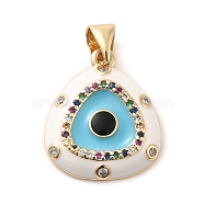 Real 18K Gold Plated Brass Clear Cubic Zirconia Pendants, with Enamel, Triangle with Evil Eye, Floral White, 18x15.5x3mm, Hole: 5x3.5mm(KK-A198-10G-01)