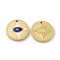 Vacuum Plating 201 Stainless Steel Pendant, with Enamel, Real 18K Gold Plated, Flat Round with Evil Eye Charm, Midnight Blue, 18x2.7mm, Hole: 1.2mm(STAS-J401-VC829)