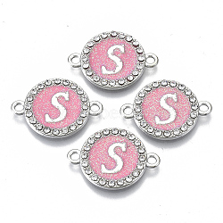 Alloy Enamel Links Connectors, with Crystal Rhinestones, Flat Round with Letter, Silver Color Plated, Letter.S, 22x16x2mm, Hole: 1.8mm(ENAM-TAC0003-01S-03S)
